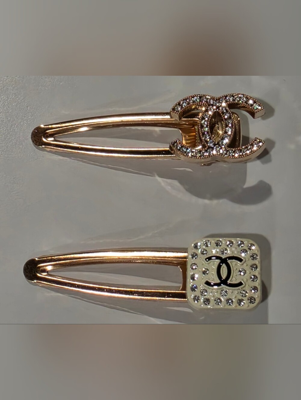 Gold-Tone Crystal CC Logo Hair Clips - Set Of 2 - Picture 2 of 4